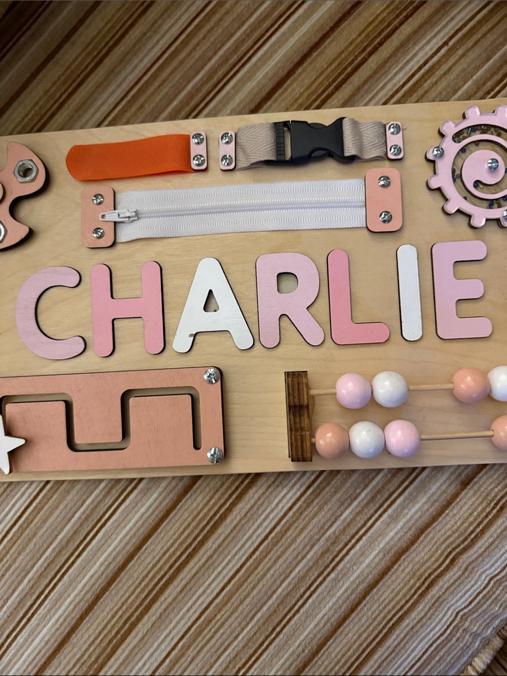 Wooden Activity Board for Girls- Personalized Pink and Natural for Charlie - Picture 2 of 13